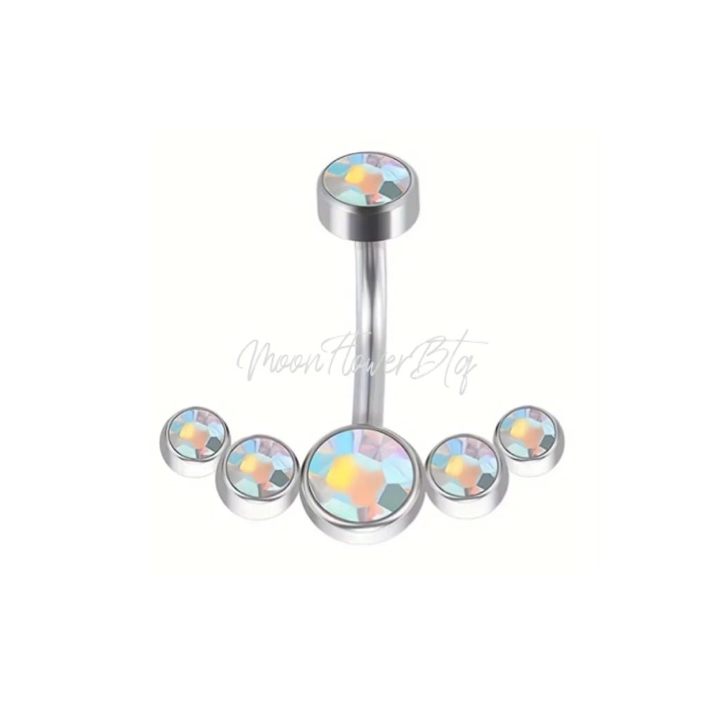 Silver Iridescent Cz Belly Button Ring Six Stone Navel Barbell Body Jewelry